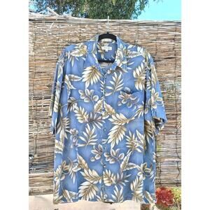 Vintage Designer Tropical Shirt Sz XL Blue Gray Leaf Luau Party Vacation Travel